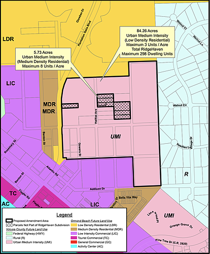 A city map shows RidgeHaven's proposed land use changes for 84 of the 103 acres. Courtesy of the city of Ormond Beach