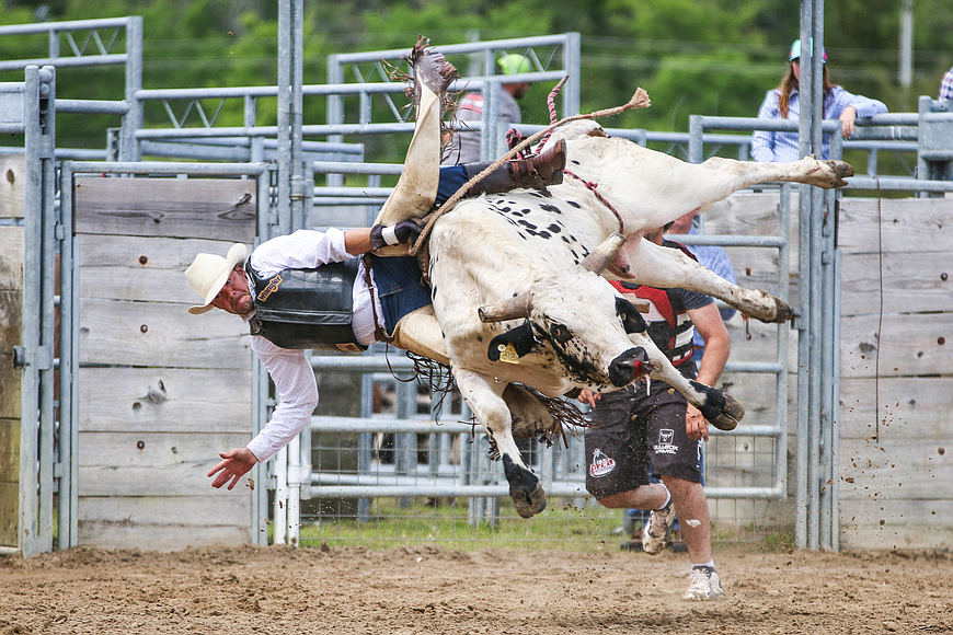 Senior bull rider Gordon Baggett competes at the last Cracker Day in 2019. File photo