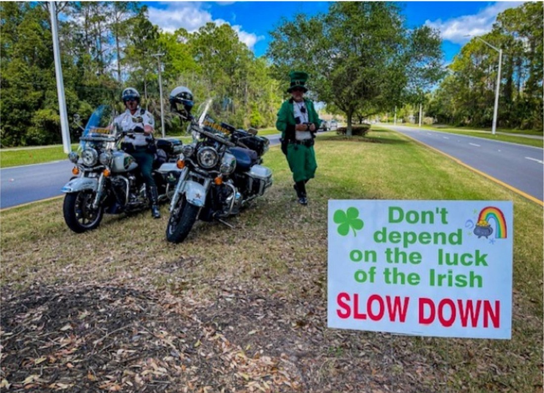 FCSO's Deputy Leprechaun and the Motor Unit conducting St. Patrick's Day traffic enforcement. Courtesy photo