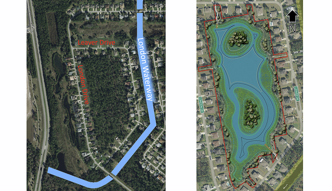 The forested plot of land encircled by Leaver Drive and London Drive will become a lake for stormwater retention. Images courtesy of the city of Palm Coast