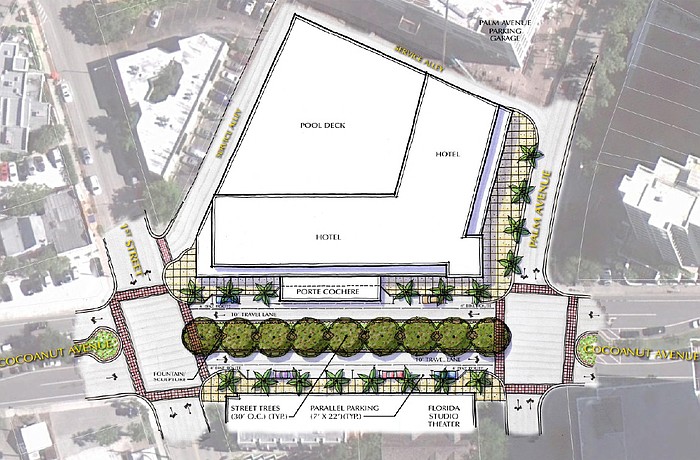 A draft of a development agreement shows a hotel complete with luxury rooms, a destination restaurant, pool deck and business meeting rooms. Courtesy rendering.