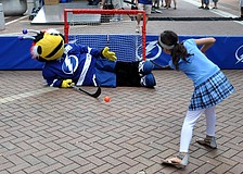 ThunderBug blocks the goal with his body as Stephanie Quintano, 8, tries to score Saturday, Sept. 29 during the Tampa Bay Lightningâ€™s Rolling Thunder Tour Sarasota stop at Five Points Park.