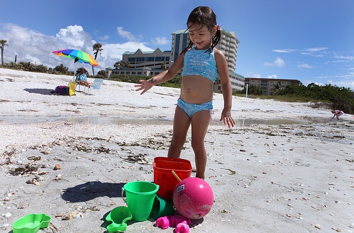 Matilda Diconstanzo, 3, has fun Monday, Oct. 1, playing by the water and collecting seashells at Lido Beach.