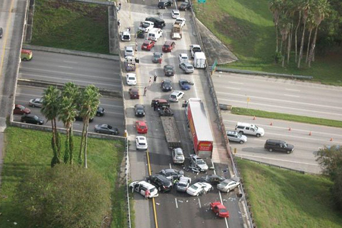 The Florida Highway Patrol is still investigating the crash, which occurred around 3:30 p.m., at the overpass for University Parkway. Courtesy photo.