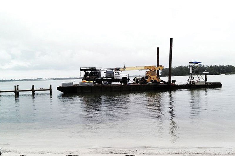 A barge performed geotechnical investigation last week in Longboat Pass for a new water main that will be installed by the town to carry drinking water from Manatee County. Courtesy of the town of Longboat Key.