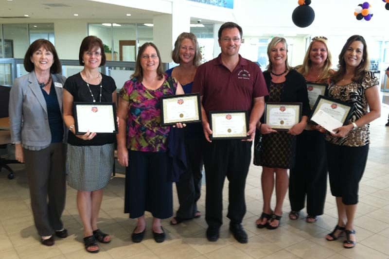 Pictured are East County winners Barbara Pfeifer, Jane Beach, Sharon Clabby, Kendall Carrier, Angela Hughes, Mim Thomas and Frances Vila with Manatee Education Foundation Executive Director Mary Glass, left. Courtesy photo.