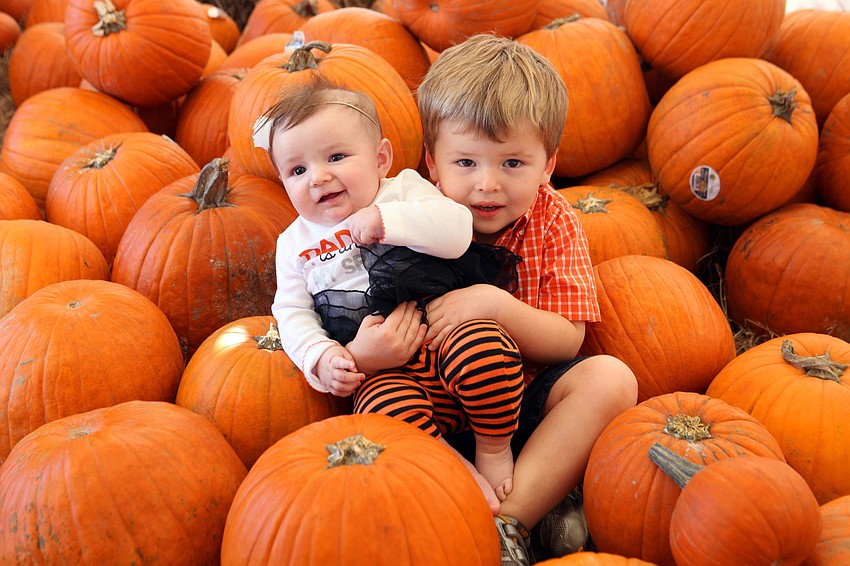 Gia, 4 mos., and Will Nielubowicz, 2, pose together for a photo in the pumpkin patch Saturday, Oct. 20, at the Fruitville Grove Pumpkin Festival.