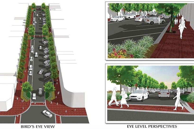 The total project encompasses three phases of improvements, including widened sidewalks on lower Main Street. Courtesy rendering.