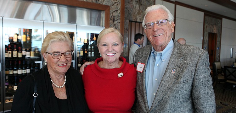 Phyllis Black wears the new elephant pin given to her by Mary Ellen and Bert Criste Friday, Nov. 9, at the Longboat Key Republican Club meeting at the Sarasota Yacht Club.