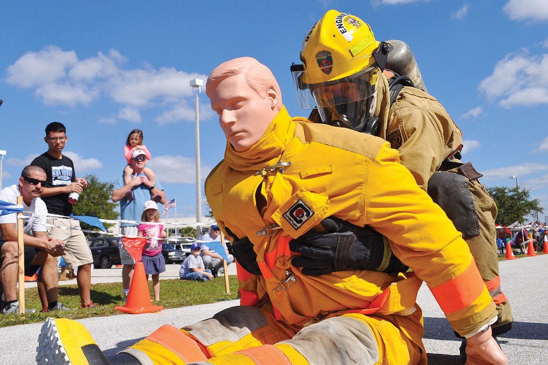 East Manatee Fire RescueÃ¢â‚¬â„¢s Shawn Battick, an engineer, moves a 165-pound life-size mannequin, after completing a rigorous course.