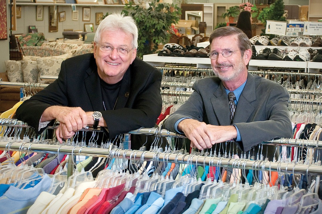 The Rev. Don Roberts, left, has been Goodwill Manasota CEO since 1977. Roberts will retire at the end of the year, and the new CEO will be Bob Rosinsky, right, the current president of Goodwill Manasota. Photo by Lori Sax.