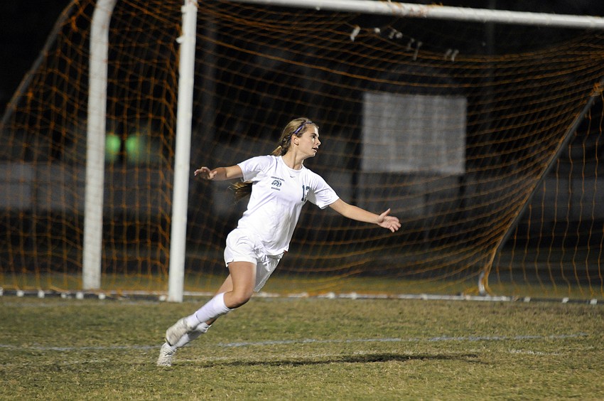 Lakewood Ranch High sophomore forward Tyler Gordon celebrates following her goal in the second half.