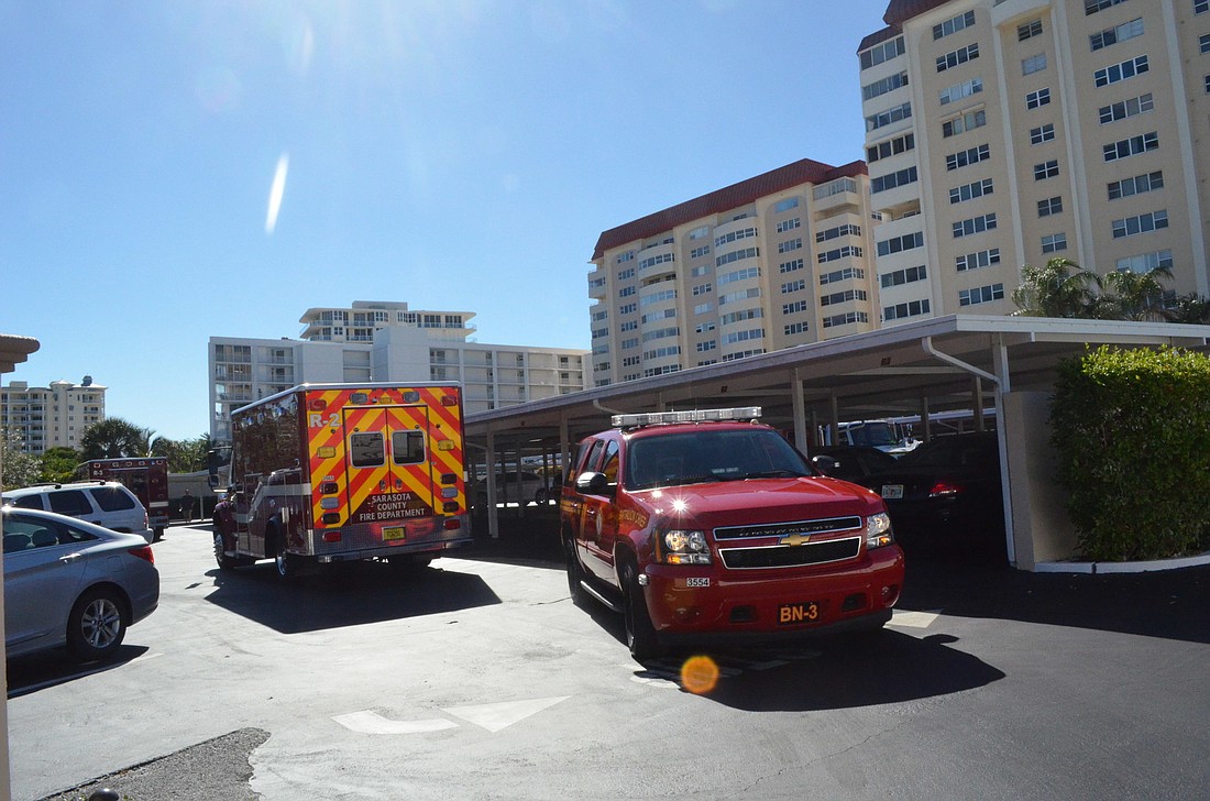 According to Sarasota Fire Department spokesperson Susan Pearson, eight Sarasota firefighters have been sent to Sarasota Memorial Hospital for possible chemical exposure and respiratory problems.