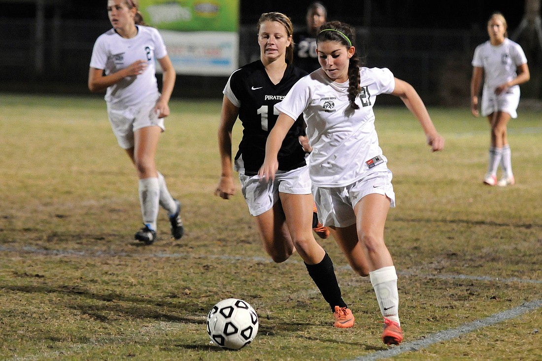 Lakewood Ranch junior midfielder Angelica Rego pushes the ball up the field.