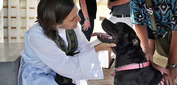 Associate Rector and Taylor blesses Baby, 6, during the animal blessing Sunday, Sept. 30, at St. Boniface Episcopal Church.