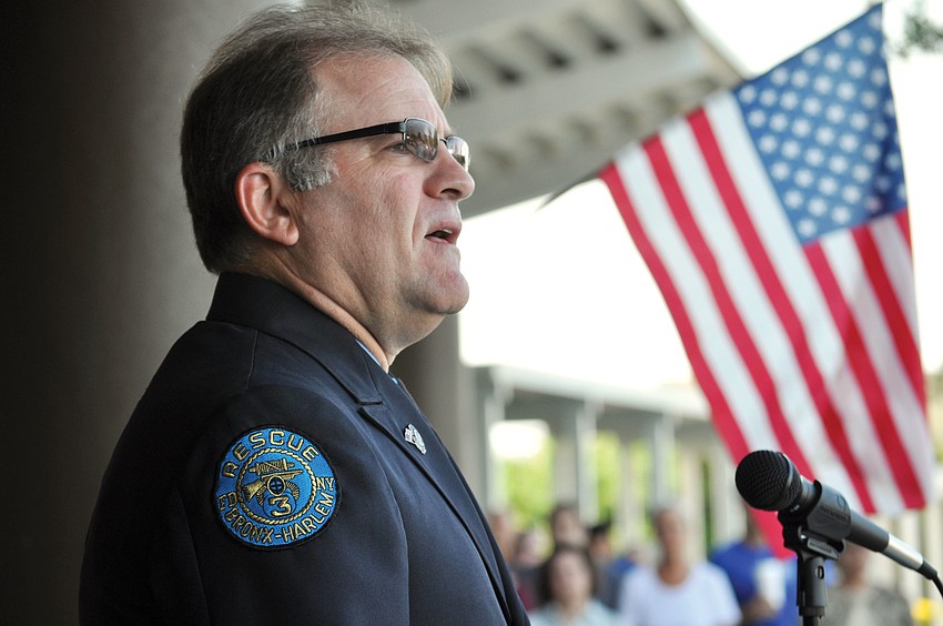 GreyHawk Landing resident Garrett Lindgren, a retired New York City firefighter, was the keynote speaker of a Sept. 11, 2011 event at Manatee Technical Institute. Published Sept. 13, 2012.
