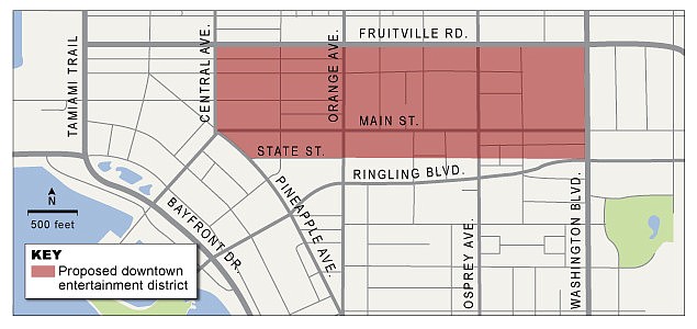 The proposed entertainment district would stretch more than six downtown blocks from Central Avenue east to U.S. 301, and from Fruitville Road south to State Street.