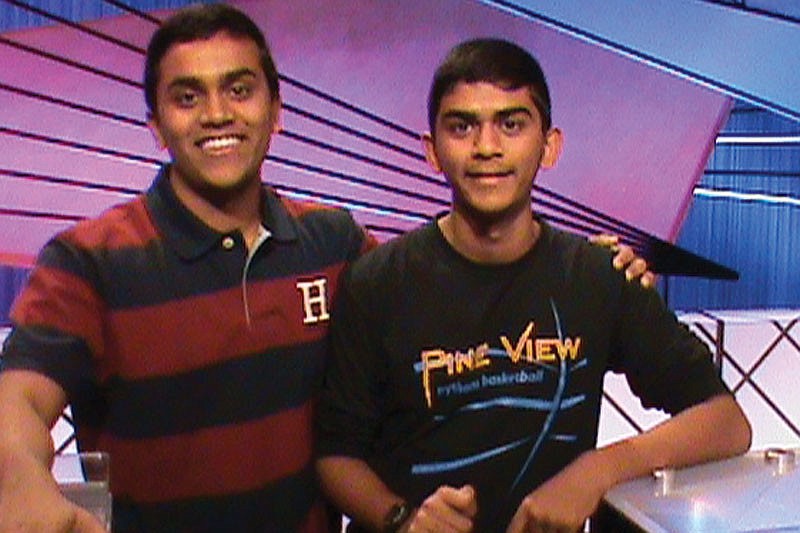 Arjun Byju on the set of "Jeopardy!" with his younger brother, Aravind.
