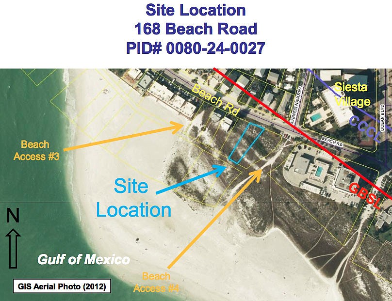 This courtesy aerial photo shows the sites of the variance request for two Beach Road lots located west of the Terrace condominium.