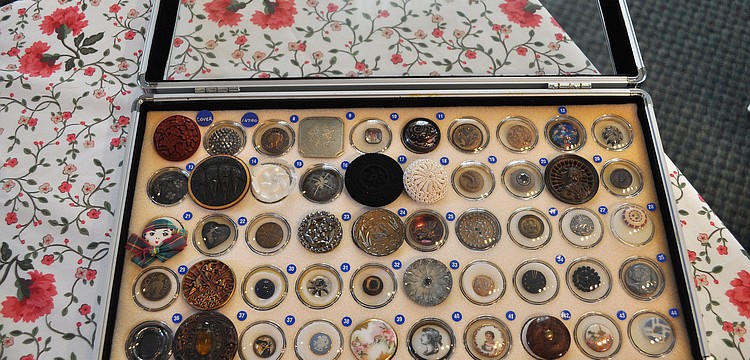 One of the many cases of buttons on display Sunday, Jan. 6, at the Buttons and Beaus event at Crocker Memorial Church.