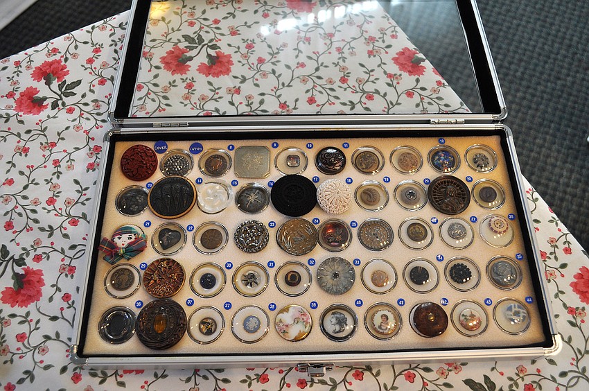 One of the many cases of buttons on display Sunday, Jan. 6, at the Buttons and Beaus event at Crocker Memorial Church.