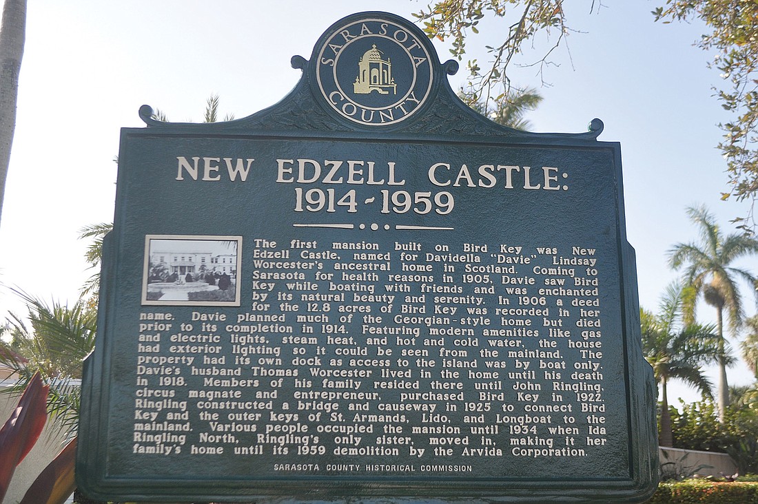 The new historical marker tells the history of the New Edzell Castle, which was Bird KeyÃ¢â‚¬â„¢s first mansion. The home was torn down in 1959.