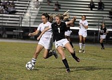 Lakewood Ranchâ€™s Maria Miller and Braden Riverâ€™s Kendall McNab battle for possession.