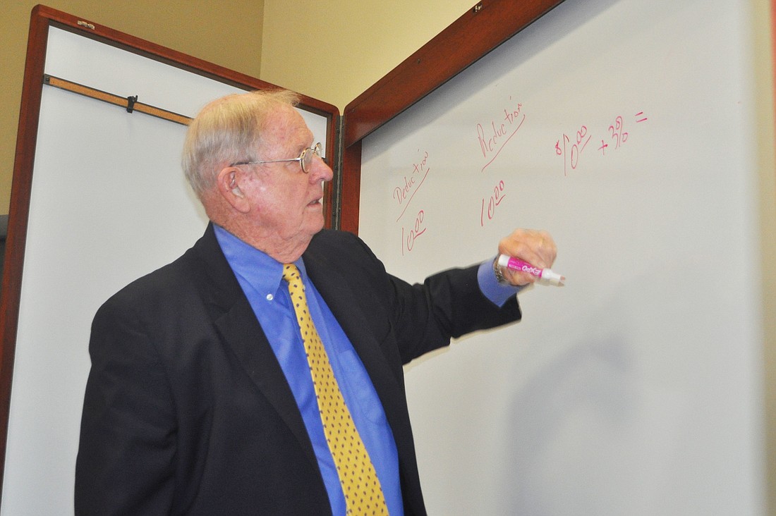 Town labor attorney W. Reynolds Allen calculates the impact of a wage reduction versus a deduction from wages during Thursday's contract negotiations.