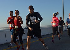 Cameron Bahan, Michelle Jordan, Paul De Santis, Blake Lyon, Dennis Mitrano and Jaynie Peterson run down Ringling Bridge.