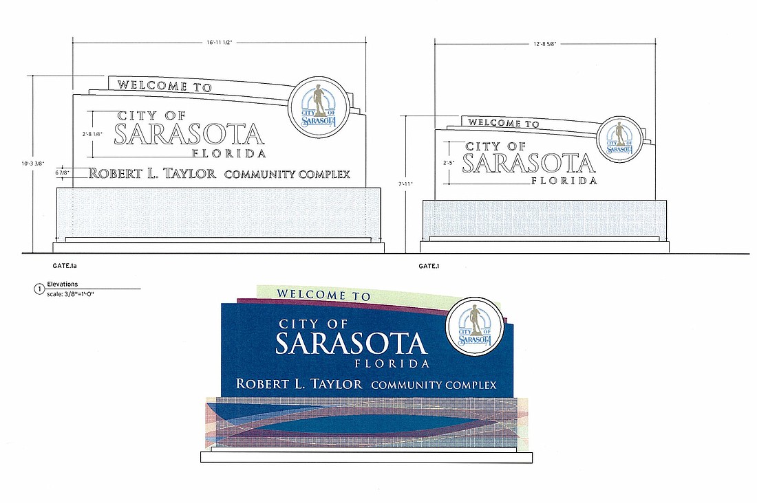 The city of Sarasota's wayfinding project includes signs indicating the arrival at a destination of interest, such as this rendering of a sign planned for the Robert L. Taylor Community Complex.