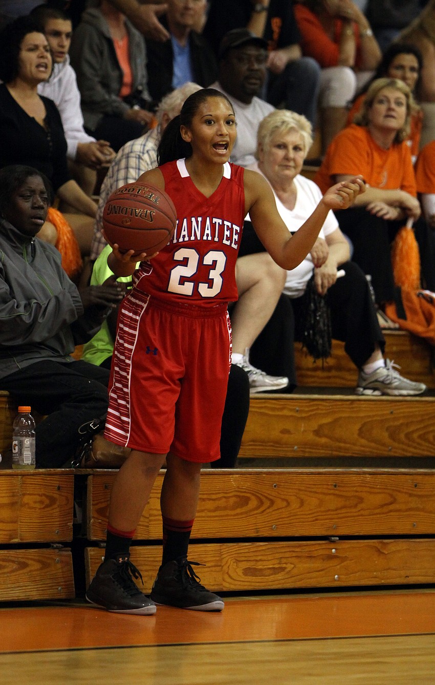 Manateeâ€™s Jasmine Luther, No. 23, yells out to her teammates in hopes of finding someone to throw the ball to Tuesday, Nov. 27, at Sarasota High Schoolâ€™s gymnasium.