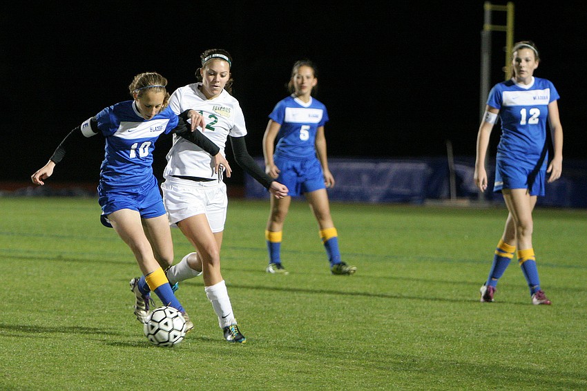 Sarasota Christianâ€™s Emma Kral, No. 10, tries to keep the ball away from St. Stephenâ€™s Alexis Sedillo, No. 12.