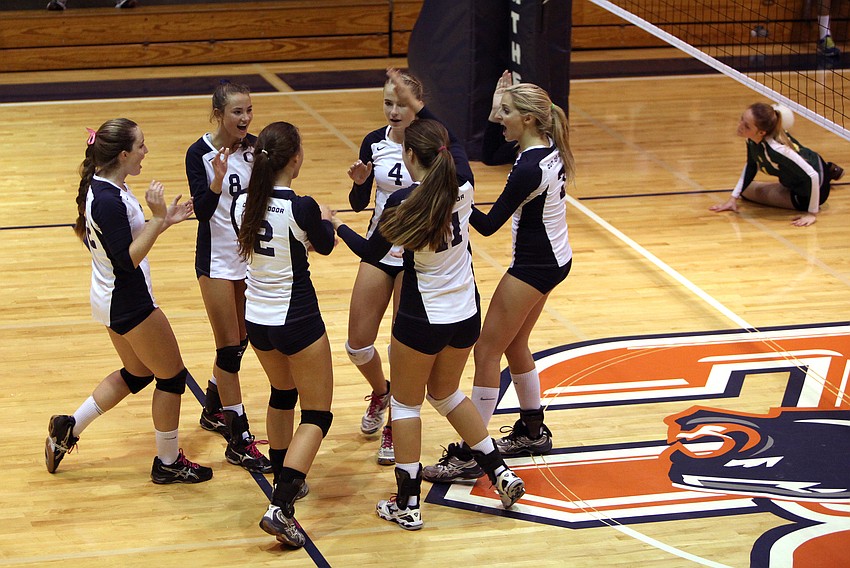 The ODA girls celebrate after making an impressive play Thursday, Oct. 25, during the finals against St. Stephenâ€™s at Bradenton Christian.