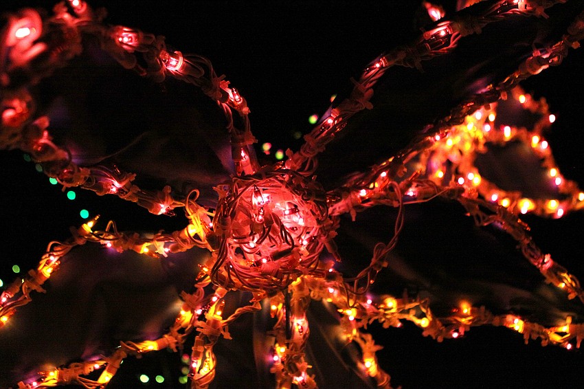 A close-up shot of lights strung together to create an oversized, lit-up flower.