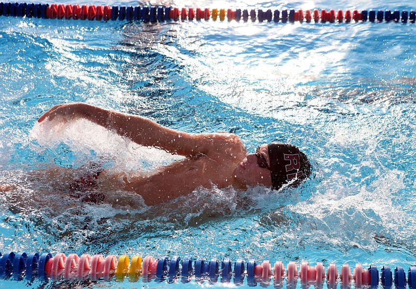 Dirk Hamel-Wood, 12th grade at Riverview High School, does the breaststroke during one of his swimming events.