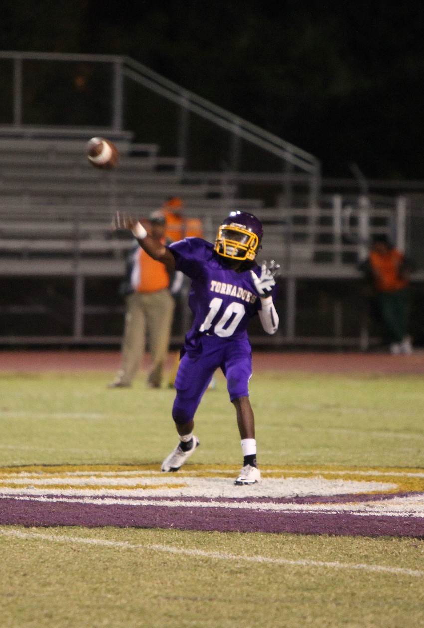 Brandon Brown, No. 10, throws the ball down the field.