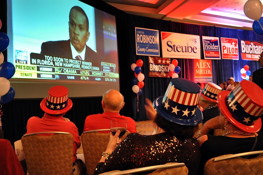 People watch election coverage on a giant screen during the election night party at the Hyatt.
