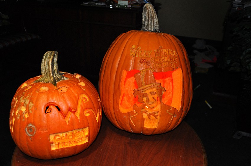 Willy Wonka themed carved pumpkins.