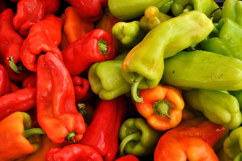 Red, orange and green peppers were abundant at Brownâ€™s Groveâ€™s tent Wednesday, Oct. 3, the opening day of the Phillippi Farmhouse Market.