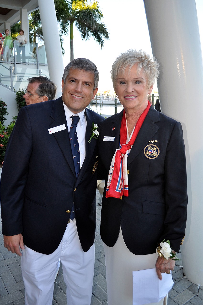 Lee Goodman and Willa Saalwaechter pose together as new commodore and former commodore Saturday, Oct. 20, at the Sarasota Yacht Club.