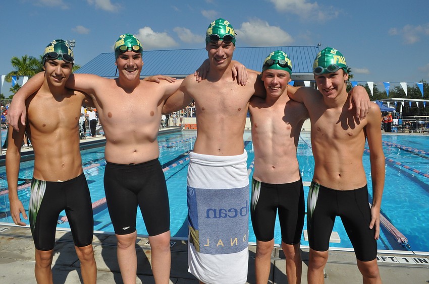 Charles Boothby, Harris Dunlip, Brice Tilton, Chris Mattheys and Kyle Koughan of St. Stephens Episcopal High School broke their 200-yard relay record at 1:34:11.