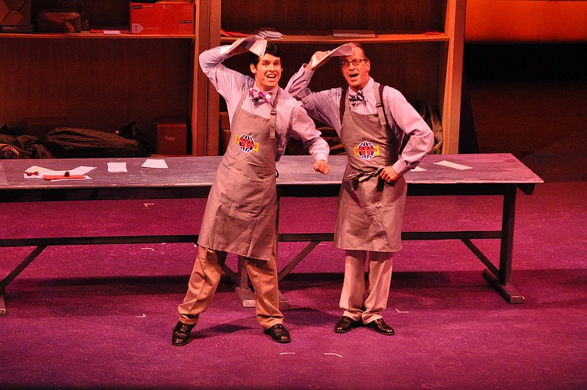 Jason Ellis as J. Pierrepont Finch and Brad Wages as Mr. Twimble