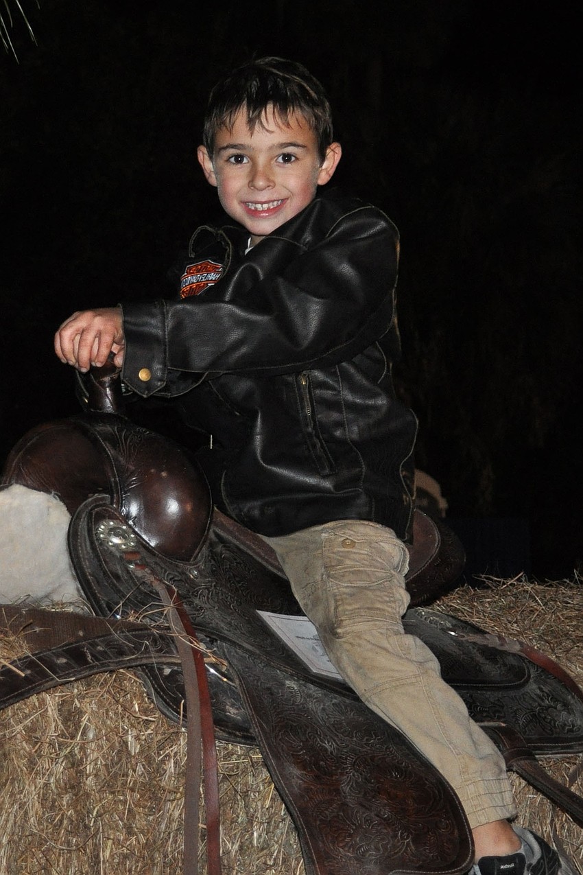 Dakota Johnson sat atop a barrel of hay.