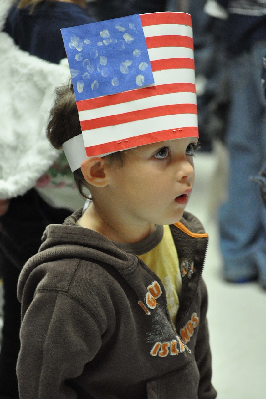 Andrew Hueffner wore a patriotic hat to the assembly at Freedom Elementary.