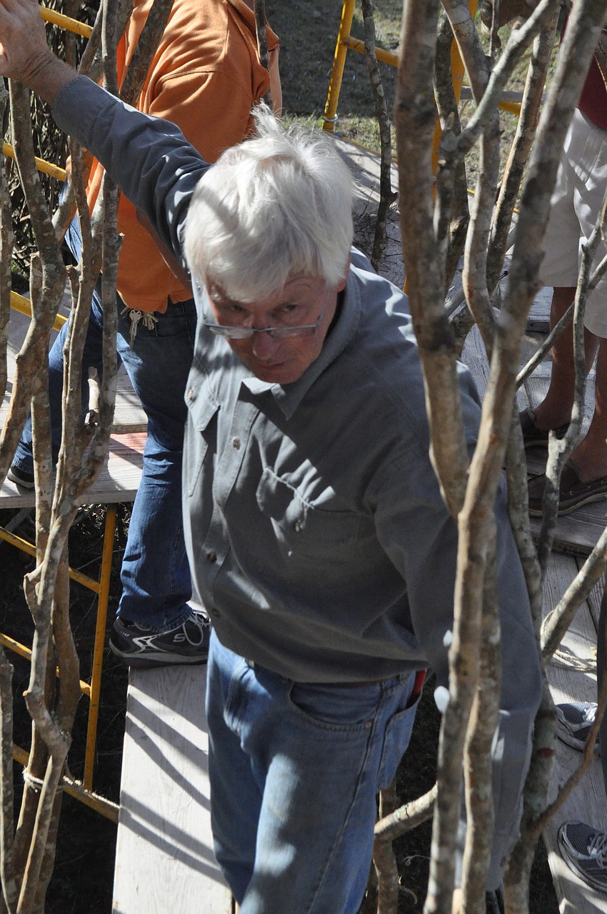 Artist Patrick Dougherty works alongside volunteers to create the architectural nest-like structures.