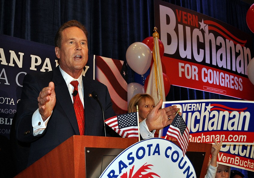Vern Buchanan addresses the crowd at the Republican Party of Sarasota Election Night Party Tuesday, Nov. 6, at the Hyatt in Sarasota.