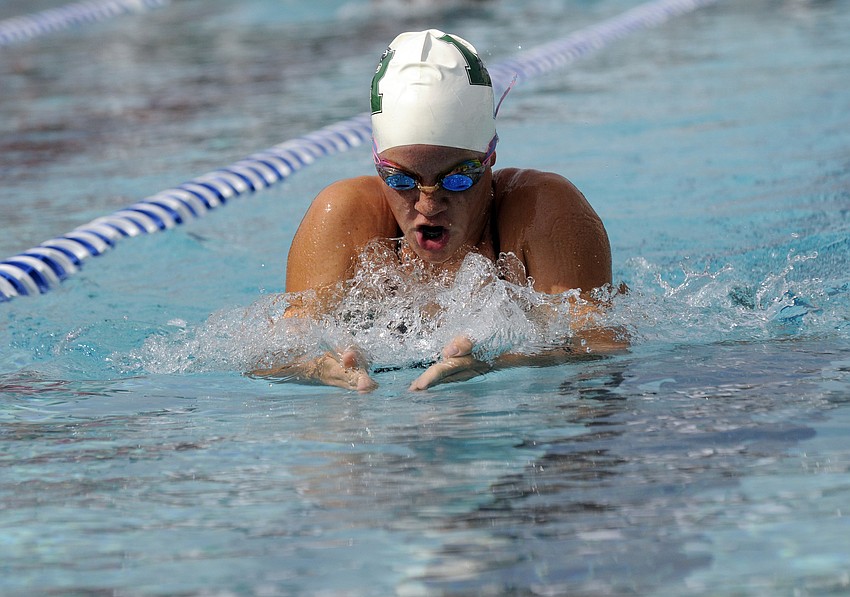 Lakewood Ranch freshman Madison Jean swims the breaststroke leg of the 200-yard individual medley.