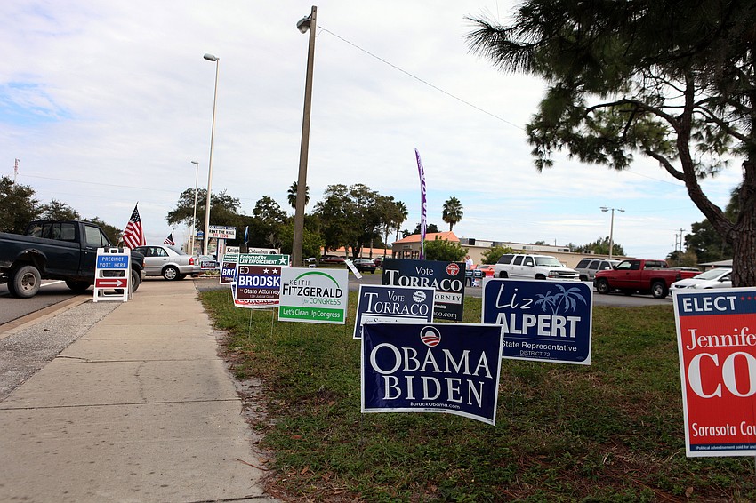 There were a variety of signs out in front of the Knights of Columbus on Fruitville Road, one of the many polling places in Sarasota County.