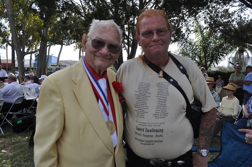 2011 Ring of Fame Inductee Ward Hall with Red Stuart, a Guinness World Record sword swallower