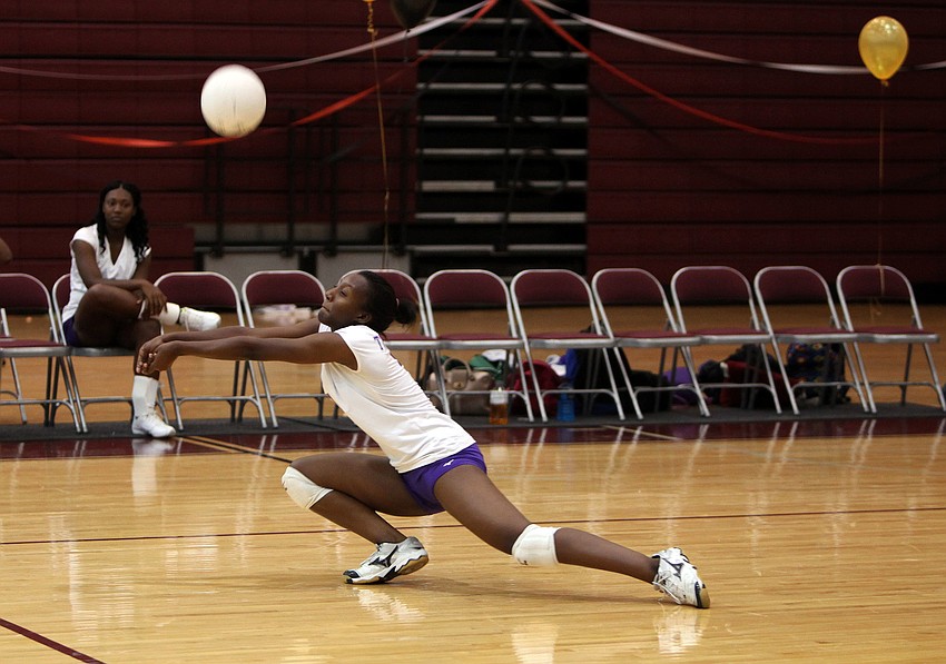 Shakaria Ige, No. 7, dives for the ball during Bookerâ€™s game against Riverview Tuesday, Oct. 16, at Riverview High School.